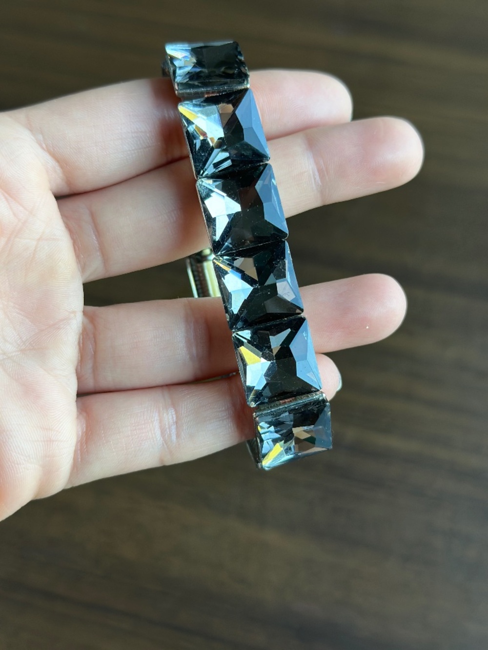 Chunky Dark Beaded Stretch Bracelet with Silver tones